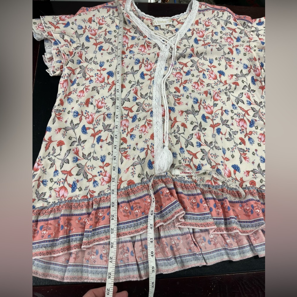 Boho Floral Tassel Tie Cream Blouse with Coral Trim - Picture 9 of 9